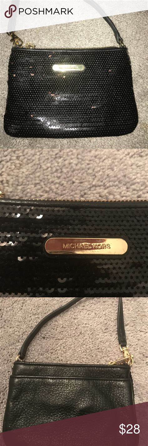 michael kors black leather & sequin wristlet|Michael Kors genuine leather handbags.